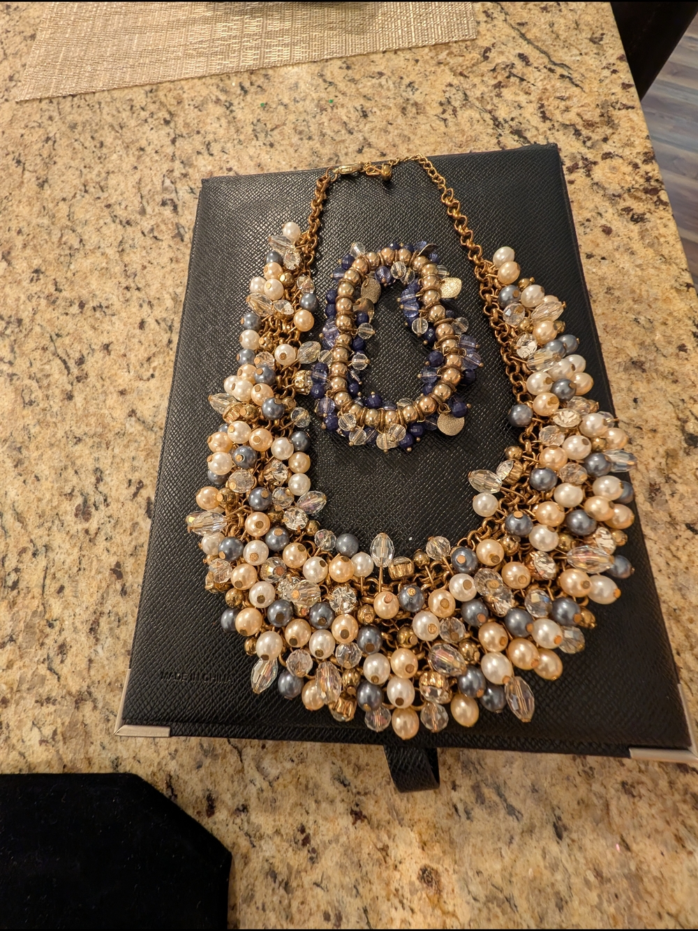 Statement Pearl & Crystal Cluster Necklace and Bracelet Set - Gold Tone